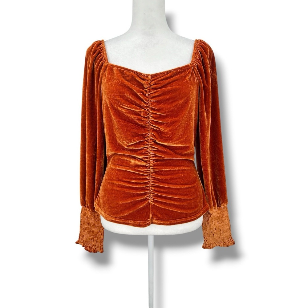 Amber‎ Skies Velvet Ruched Top S Square Neck Smocked Sleeve Boho Romantic NWOT
